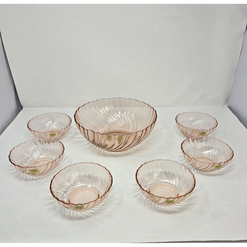 Arcoroc France Rosaline Pink Swirl Glass Salad Bowl Set 7 Pc Vintage 1970s